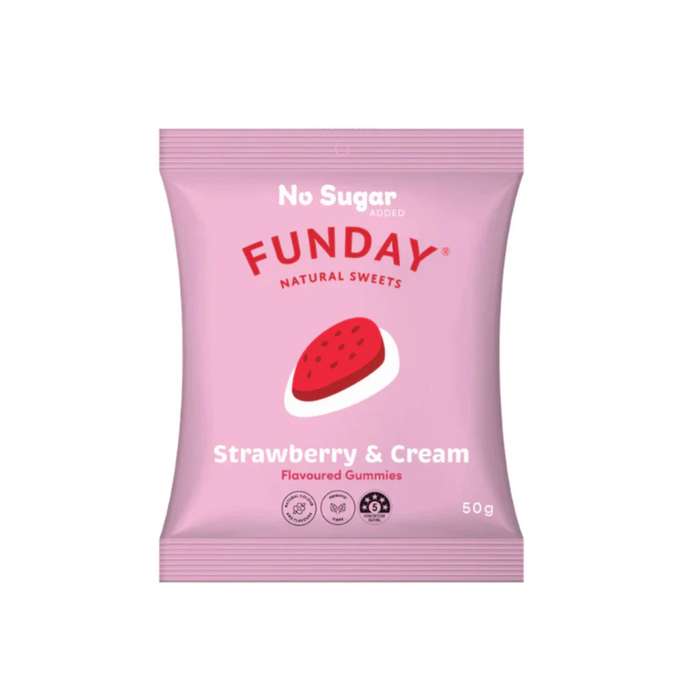 FundayTreatsStrawberriesandCream50gm, featured in the Joy Wholefoods online store.