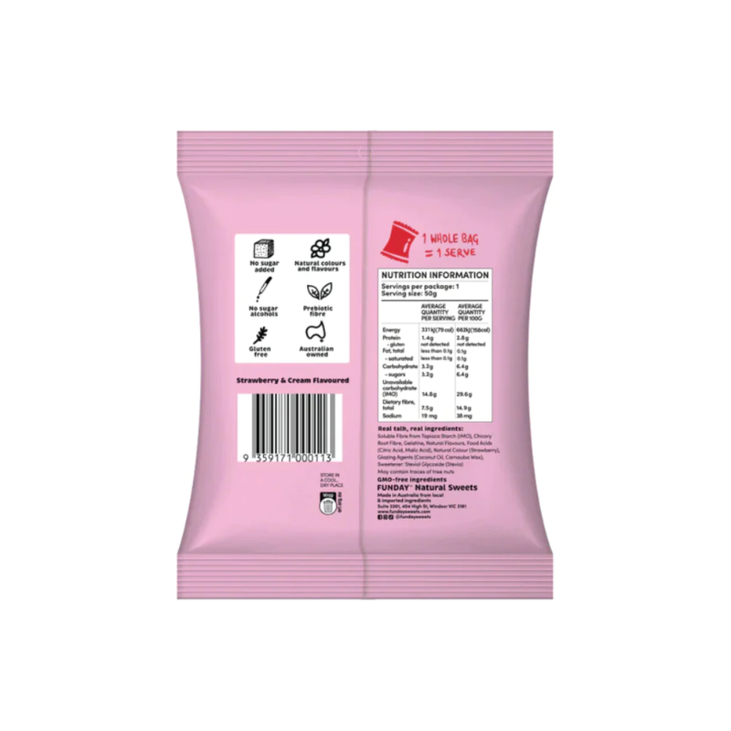 Funday Treats strawberries and cream natural lollies 50g, available at Joy Wholefoods online grocery.