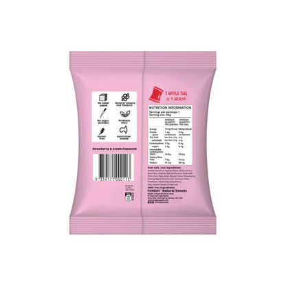 Funday Treats strawberries and cream natural lollies 50g, available at Joy Wholefoods online grocery.