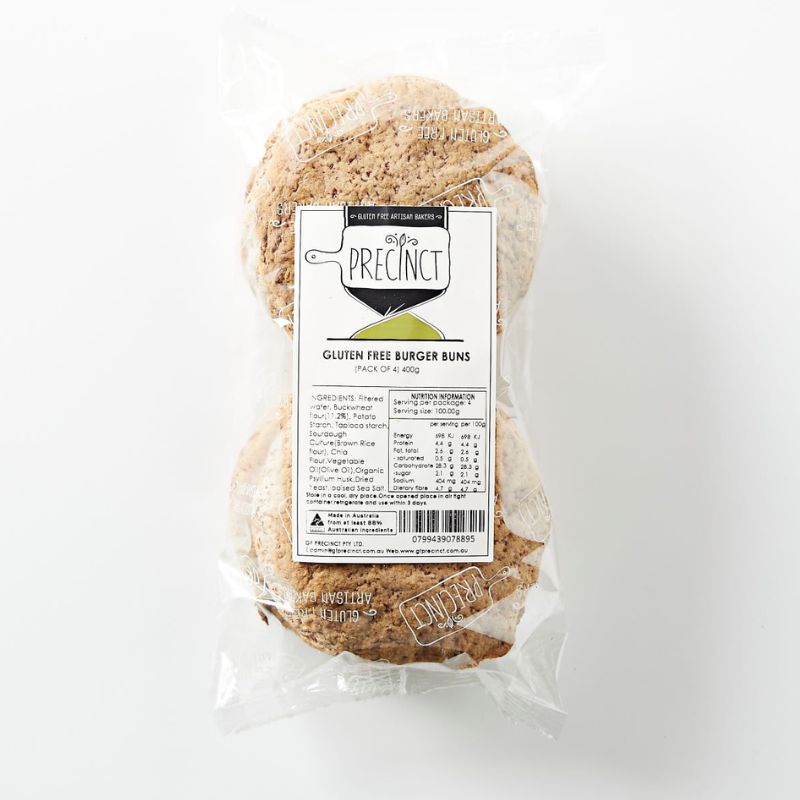 GF Precinct Burger Buns 4 Pack, featured in the Joy Wholefoods online store.