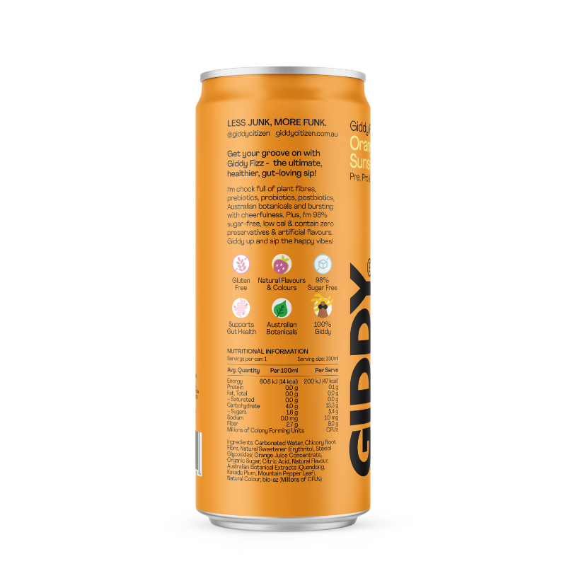 Giddy Citizen Fizz Soda Orange Sunset, featured in the Joy Wholefoods online store.