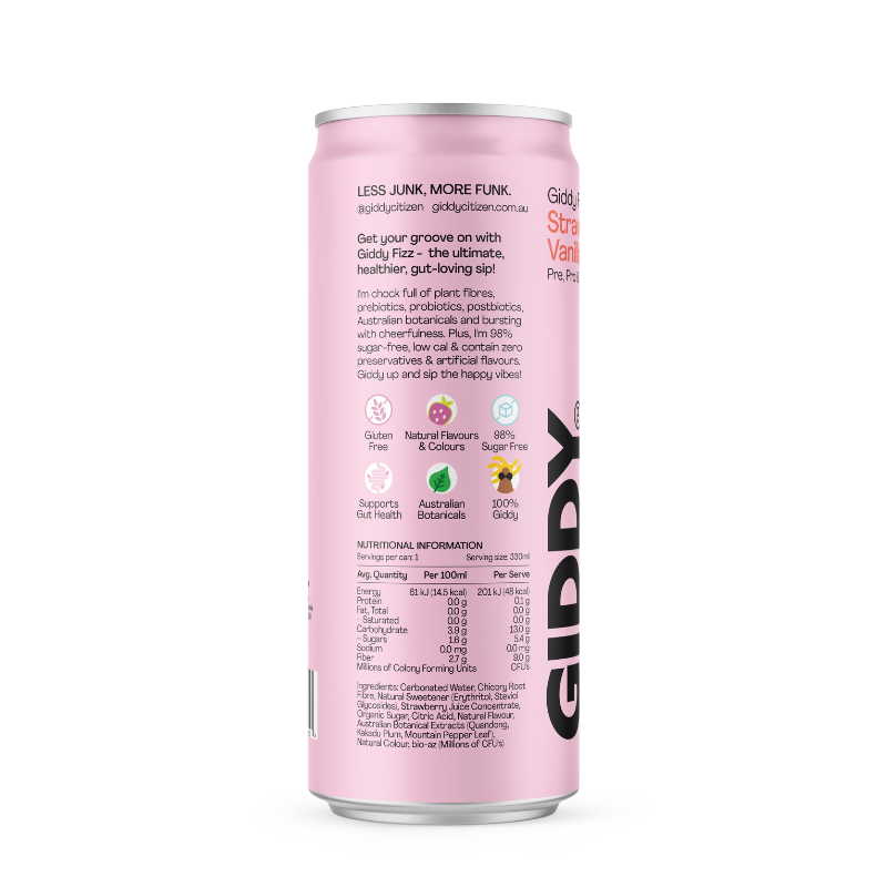 Giddy Citizen Fizz Soda Strawberry Vanilla, featured in the Joy Wholefoods online store.
