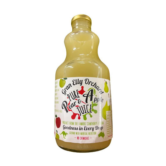 Bottle of Gran Elly Orchard juice with a white label on a white background