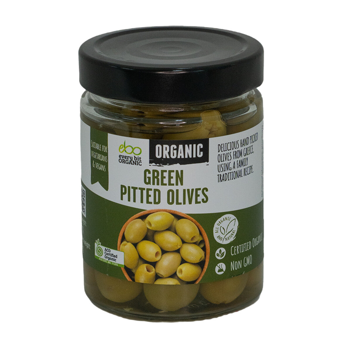 A jar of Eccece Organic Green Pitted Olives with a black lid and a green and white label, shown on a plain white background.