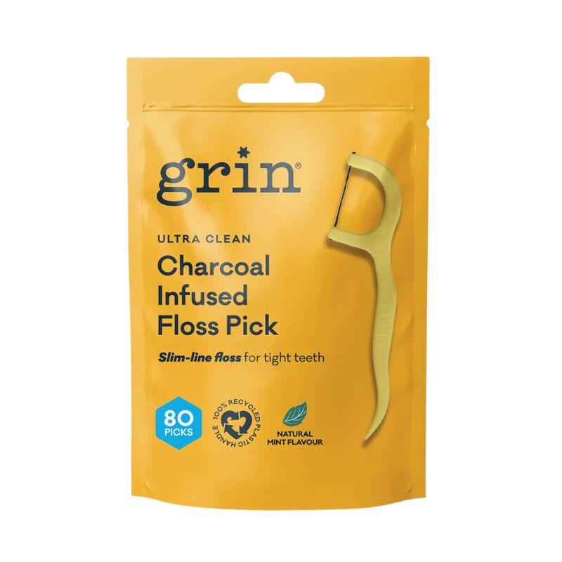 Grin Floss Picks Charcoal 80 pack, featured in the Joy Wholefoods online store.