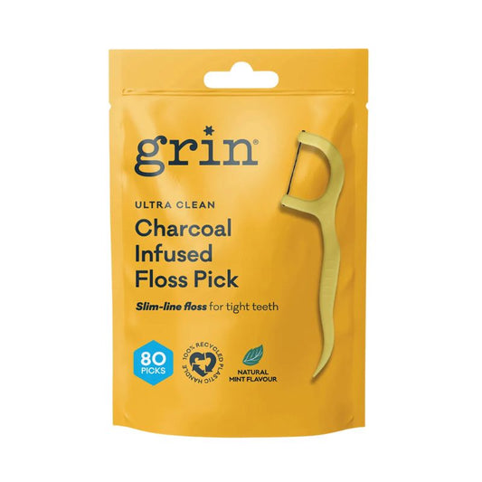 Grin Floss Picks Charcoal 80 pack, featured in the Joy Wholefoods online store.