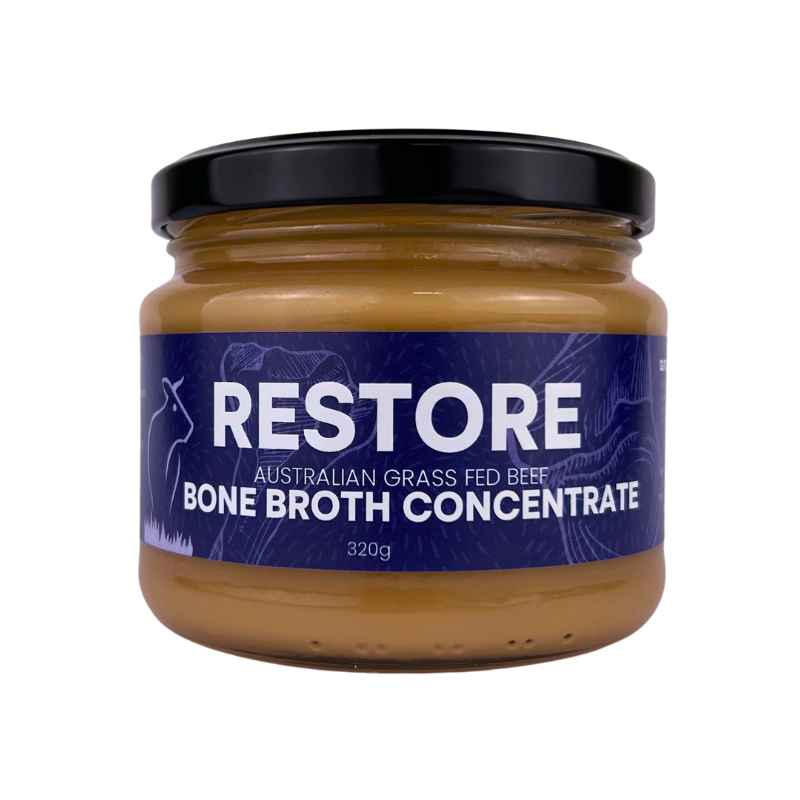 Gutsy Ferments Bone Broth Concentrate Focus Restore Grass Fed Beef, featured in the Joy Wholefoods online store.