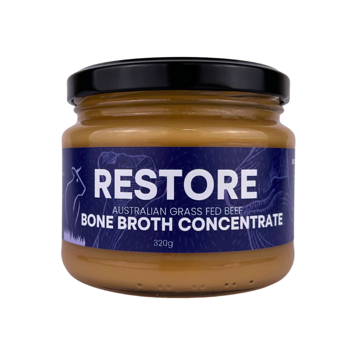 Gutsy Ferments Bone Broth Concentrate Focus Restore Grass Fed Beef, featured in the Joy Wholefoods online store.