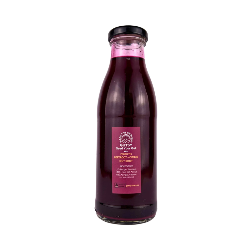Gutsy Ferments Gut Shot Beetroot Citrus 250ml, featured in the Joy Wholefoods online store.