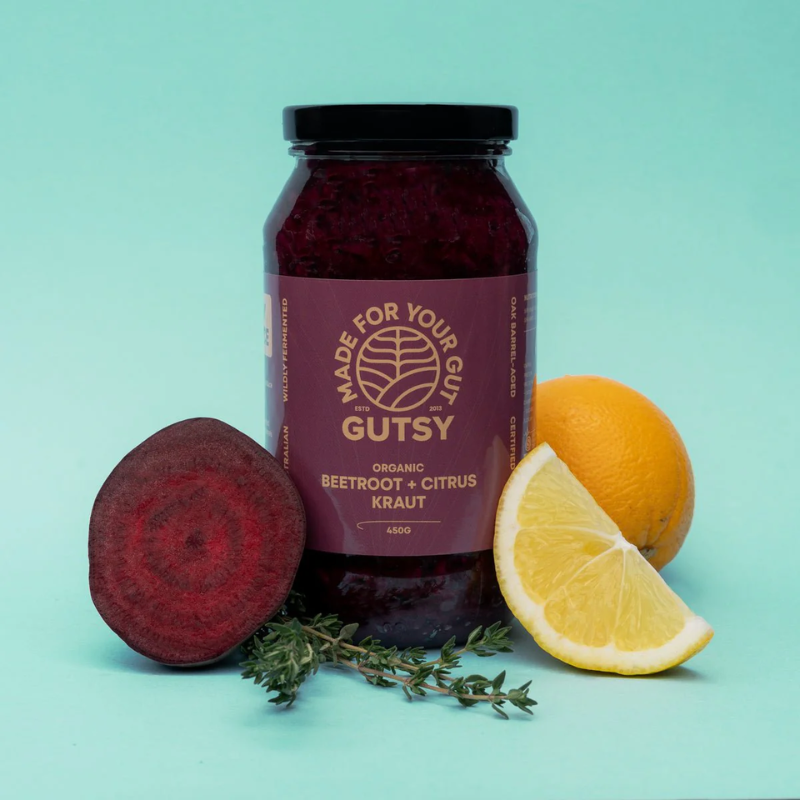 Gutsy Ferments Kraut Beetroot Citrus 450gm, featured in the Joy Wholefoods online store.