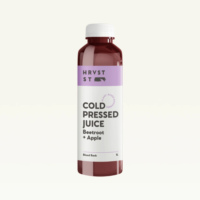 HRVST ST Cold Pressed Juice Blood Bank Beetroot Apple 1L, featured in the Joy Wholefoods online store.