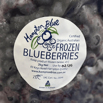 Hampton Blue Certified Organic Australian Blueberries Frozen Seconds 2kg, featured in the Joy Wholefoods online store.