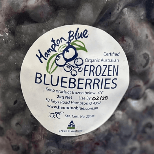 Hampton Blue Certified Organic Australian Blueberries Frozen Seconds 2kg, featured in the Joy Wholefoods online store.