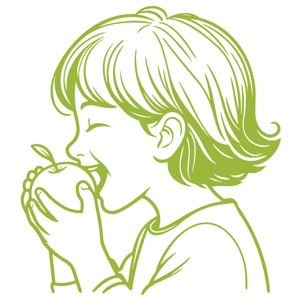 Green line drawing of a person holding an apple