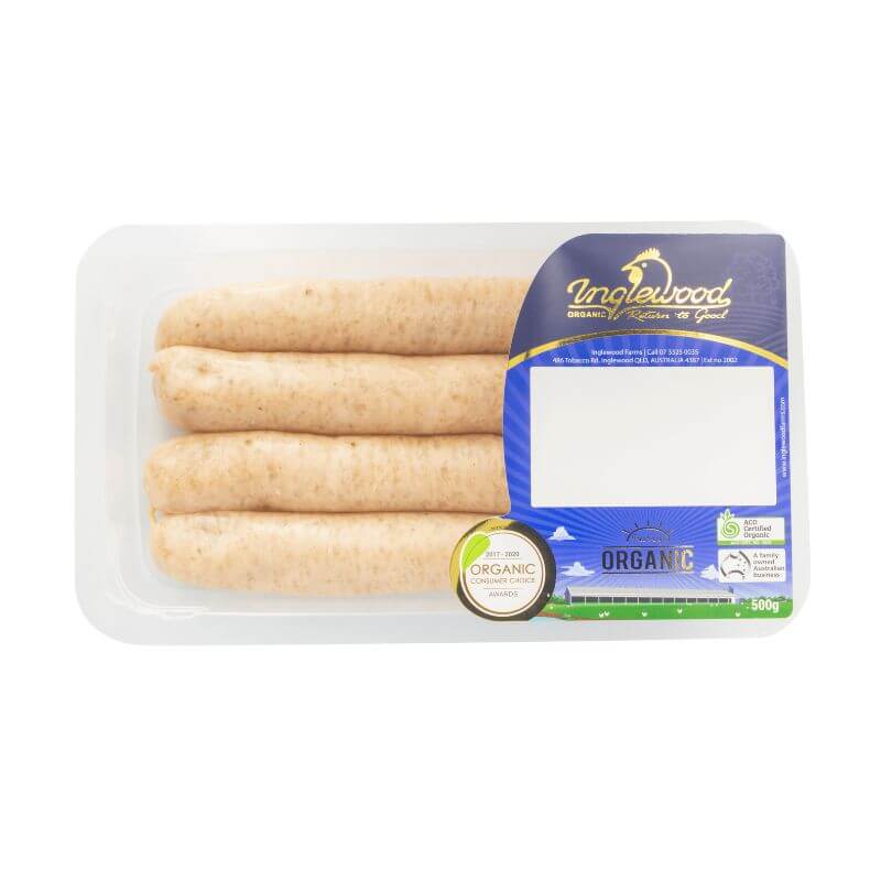 Inglewood Organic Chicken Sausages 8 pack, featured in the Joy Wholefoods online store.