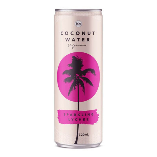 Can of Isle Organic Coconut Water fizzy bubbly Lychee flavoured water 320ml