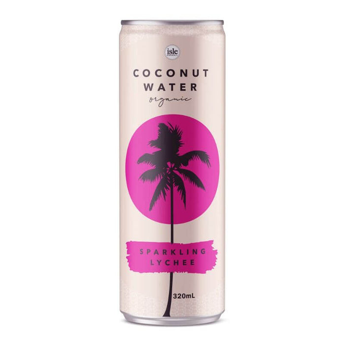 Can of Isle Organic Coconut Water fizzy bubbly Lychee flavoured water 320ml
