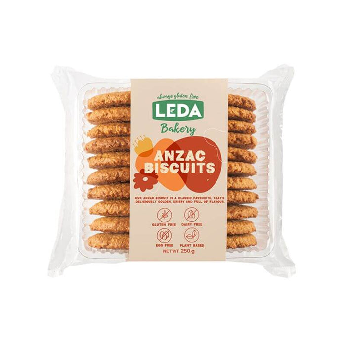 Leda Nutrition GF Anzac Biscuits 250gm, featured in the Joy Wholefoods online store.