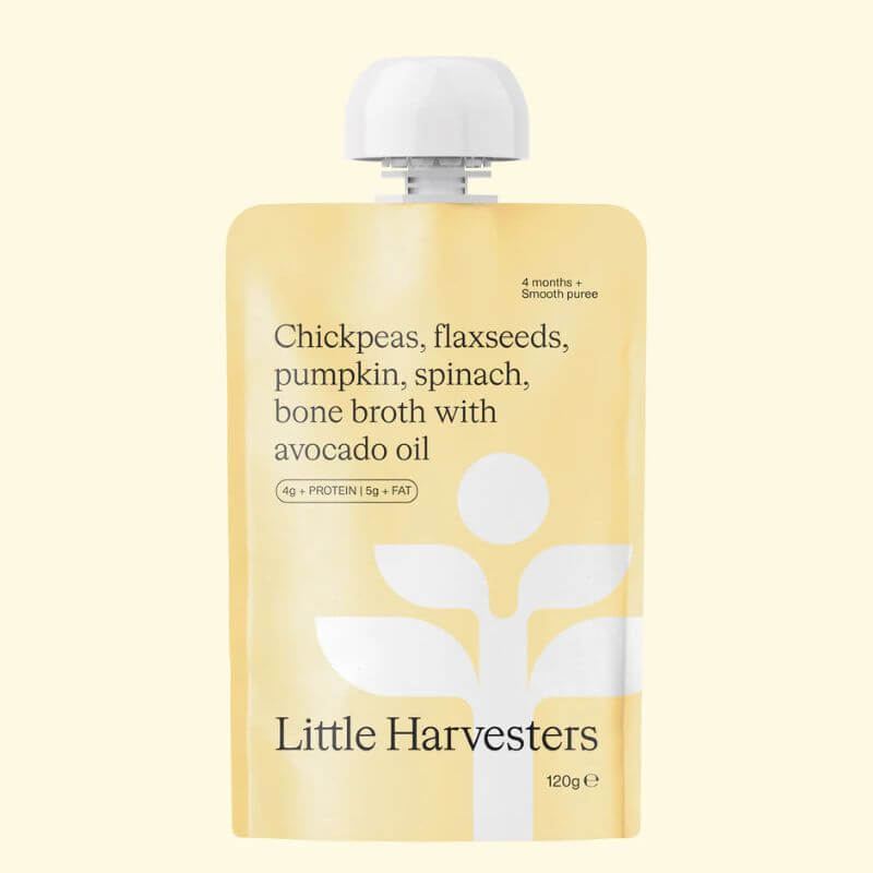 Little Harvesters Chickpeas Pumpkin Spinach Bone Broth Pouch 120gm, featured in the Joy Wholefoods online store.