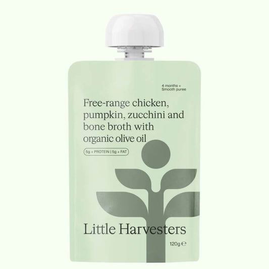 Little Harvesters Free Range Chicken Pumpkin Zucchini Bone Broth Pouch 120gm, featured in the Joy Wholefoods online store.