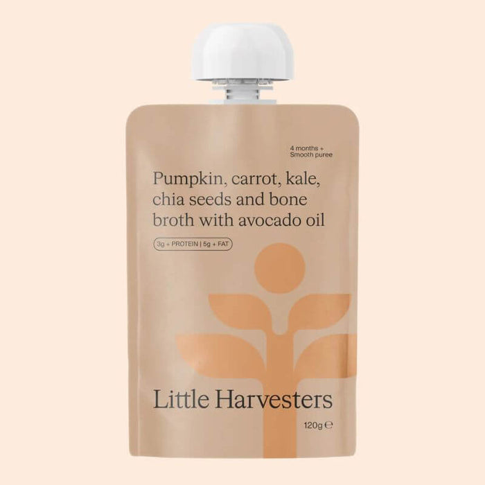 Little Harvesters Pumpkin Carrot Kale Bone Broth Pouch 120gm, featured in the Joy Wholefoods online store.