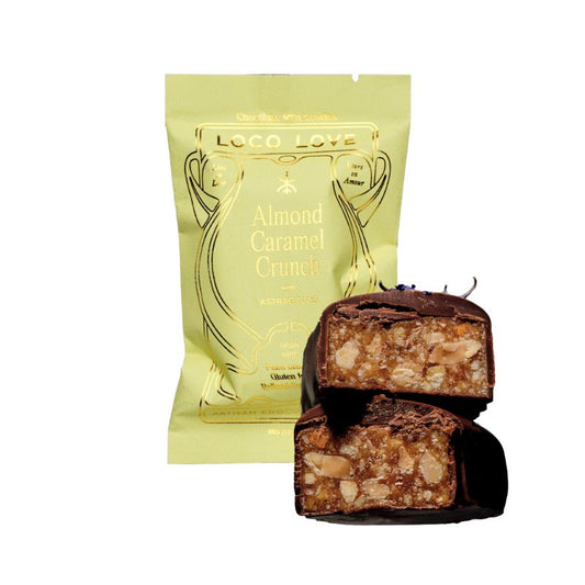 Loco Love almond caramel crunch single, featured in the Joy Wholefoods online store.
