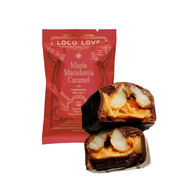 Loco Love maple macadamia caramel single, featured in the Joy Wholefoods online store.