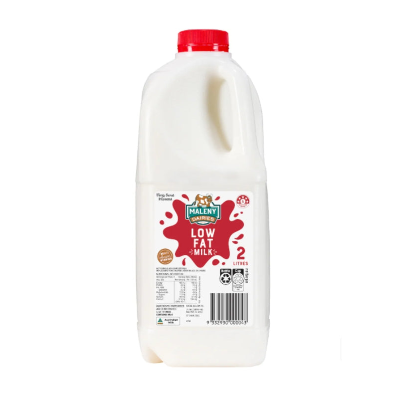 A 2-liter plastic milk jug of Maleny Mountain Low Fat Milk with a red cap and a red and white label, shown against a plain white background.