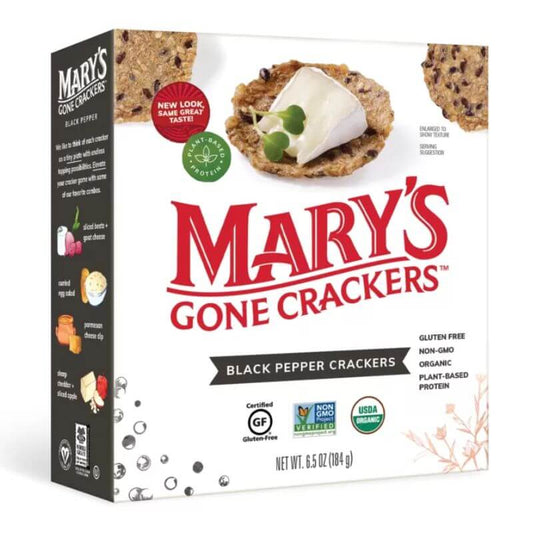 Marys Gone Crackers Black Pepper 184gm, featured in the Joy Wholefoods online store.