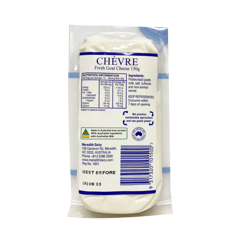 Meredith Dairy fresh goat chevre 150g, an original style soft goat cheese stocked at Joy Wholefoods.