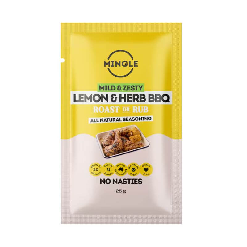 Mingle Lemon Herb BBQ Seasoning 25gm, featured in the Joy Wholefoods online store.