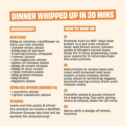 Dinner recipe card with ingredients and steps to prepare a dish in 30 minutes.