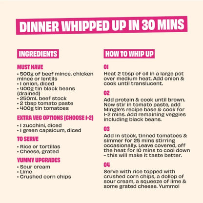 Meal preparation guide for a quick dinner with ingredients and steps on a plain background