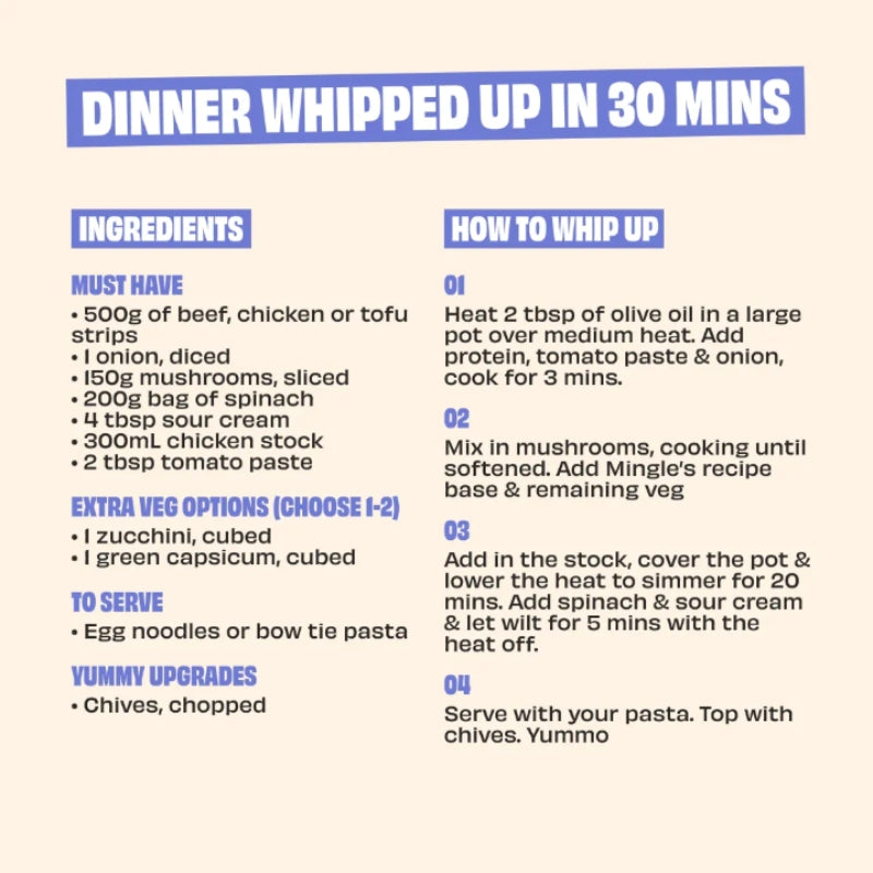 Dinner recipe card with ingredients and steps to prepare a meal in 30 minutes.