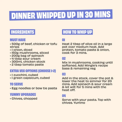 Dinner recipe card with ingredients and steps to prepare a meal in 30 minutes.
