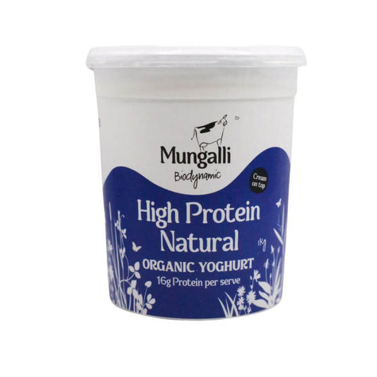 Mungalli Creek Dairy Biodynamic High Protein Natural Yoghurt 1kg, featured in the Joy Wholefoods online store.