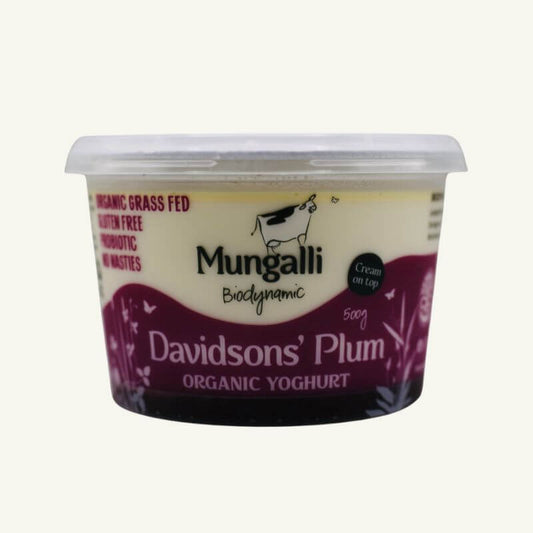 Mungalli Creek Dairy Biodynamic Organic Yoghurt Davidson Plum 500gm, featured in the Joy Wholefoods online store.