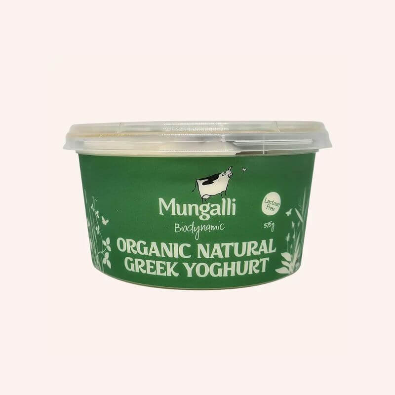 Mungalli Dairy Biodynamic ORganic yoghurt lactose free greek plain 375gm, featured in the Joy Wholefoods online store.