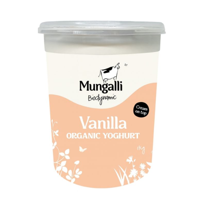 Container of Mungalli Vanilla Organic Yoghurt on a white background