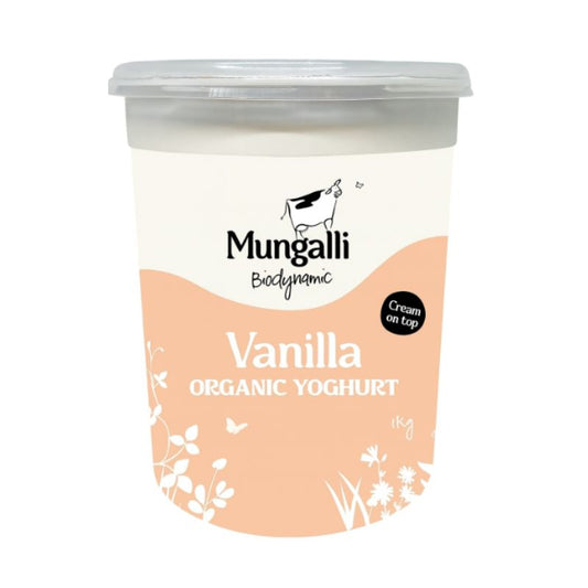 Container of Mungalli Vanilla Organic Yoghurt on a white background