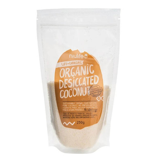 NiuLife Organic Desiccated Coconut 250gm, featured in the Joy Wholefoods online store.