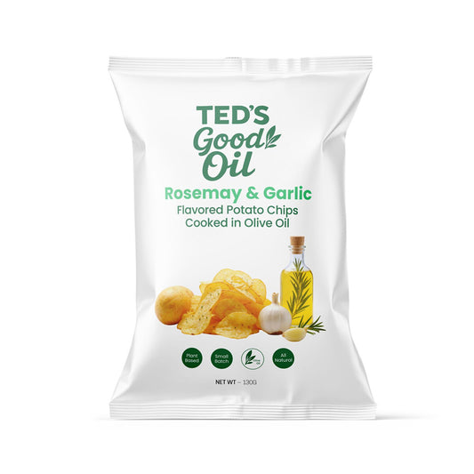 A 120g bag of Ted's Good Oil Rosemary & Garlic Flavored Potato Chips cooked in olive oil, shown on a clean white background.