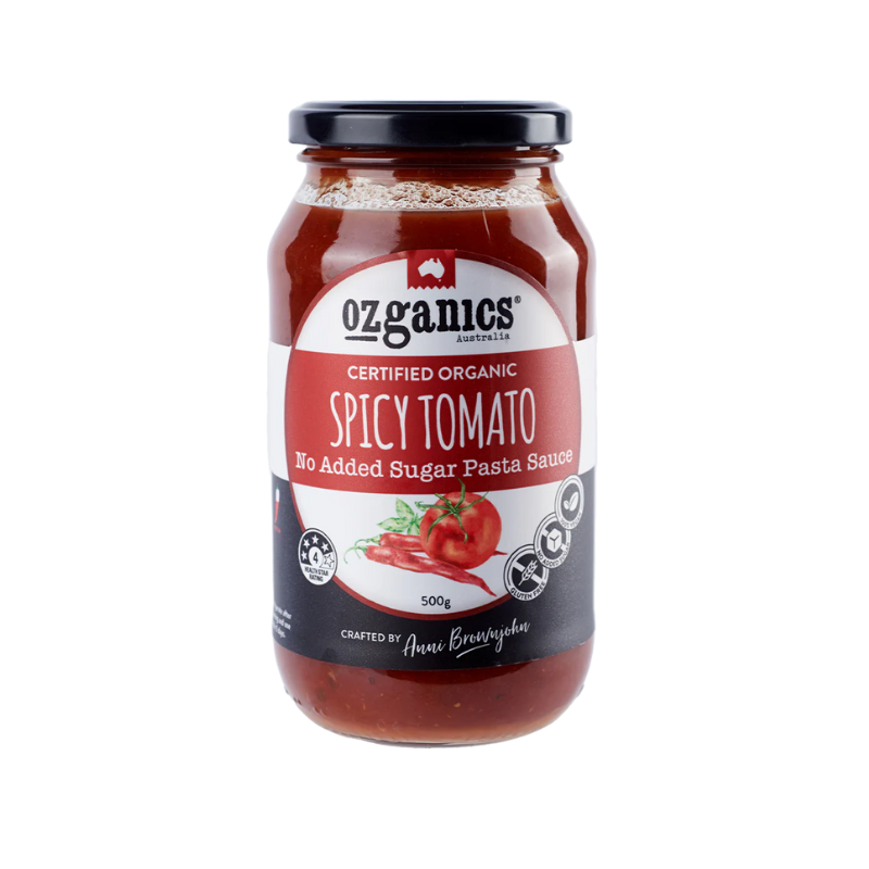 OzGanics Certified Organic pasta sauce spicy tomato 500gm, featured in the Joy Wholefoods online store.
