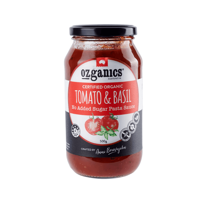 OzGanics Certified Organic pasta sauce tomato basil 500gm, featured in the Joy Wholefoods online store.