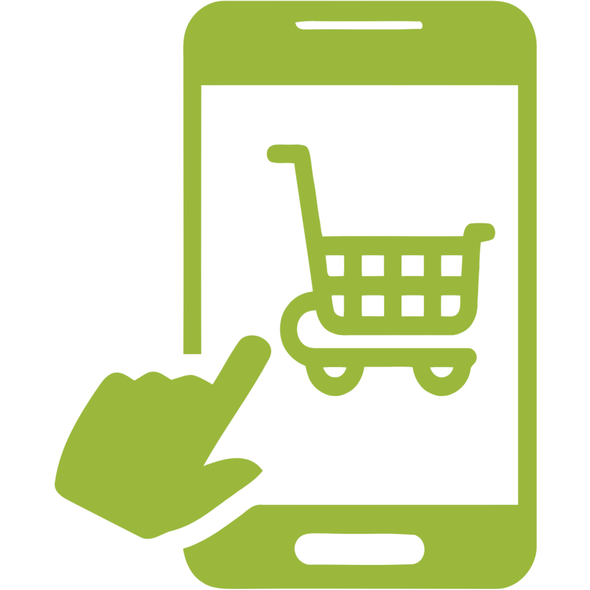 Green icon of a smartphone with a shopping cart on the screen and a hand pointing at it.