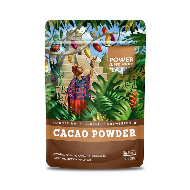 a packet of certified organic cacao powder