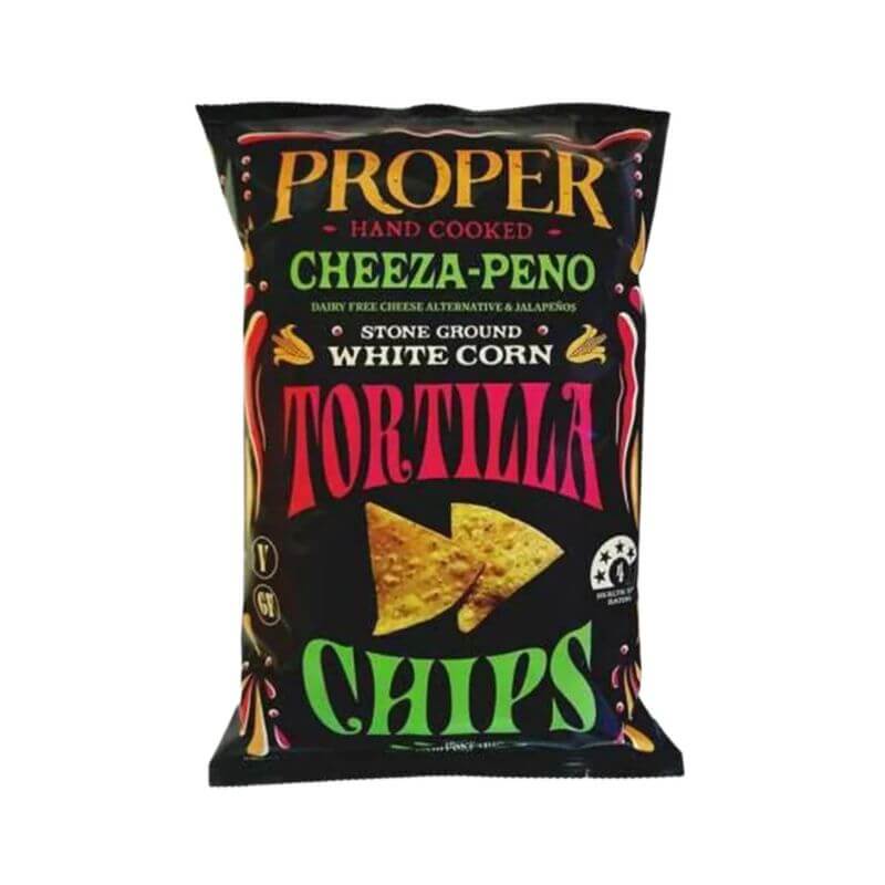 Proper Crisp Hand Cooked Tortilla Chips Cheeza Peno 150gm, featured in the Joy Wholefoods online store.