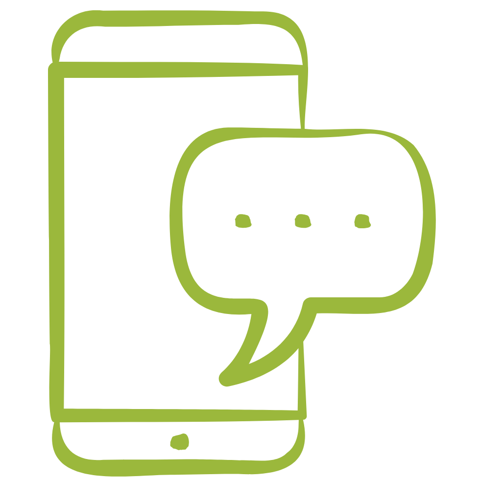 Green outline of a smartphone with a speech bubble on a white background