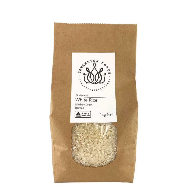 Sovereign Foods White Rice Biodynamic 1kg, featured in the Joy Wholefoods online store.