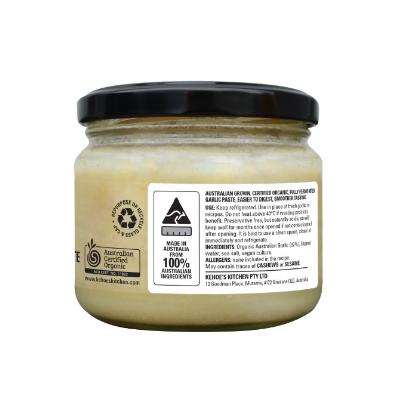 Kehoe's Kitchen organic fermented garlic paste back of pack nutrition panel, stocked at Joy Wholefoods.